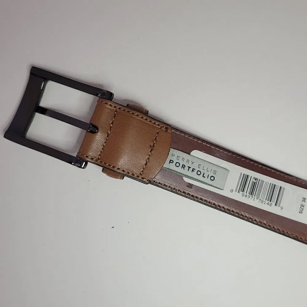 Perry Ellis Portfolio Men's Brown Leather Dress Belt